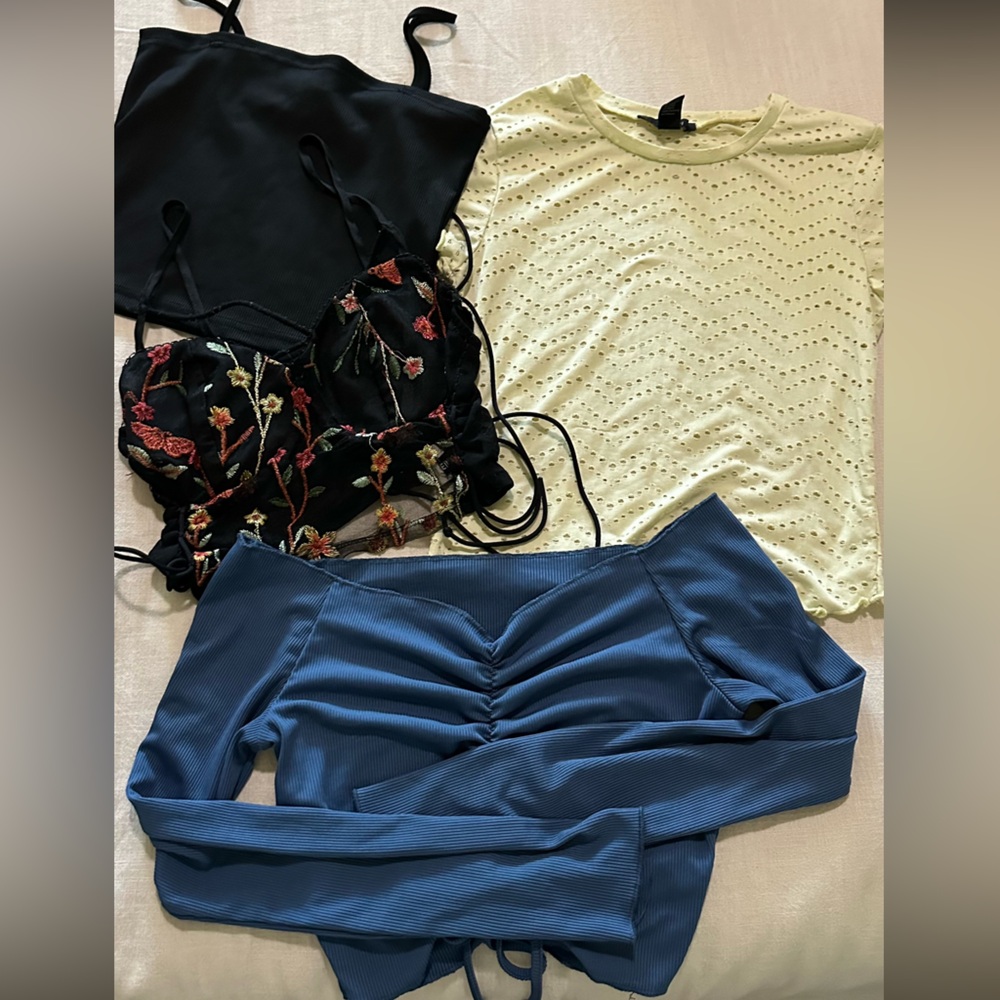 Blue Ruched Top, Yellow Eyelet Tee, Black Floral Embroidered Top